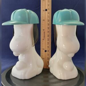 Two Mid Century Vtg 1969 Avon Baseball Snoopy Milk Glass Bottle Aqua Plastic Hat